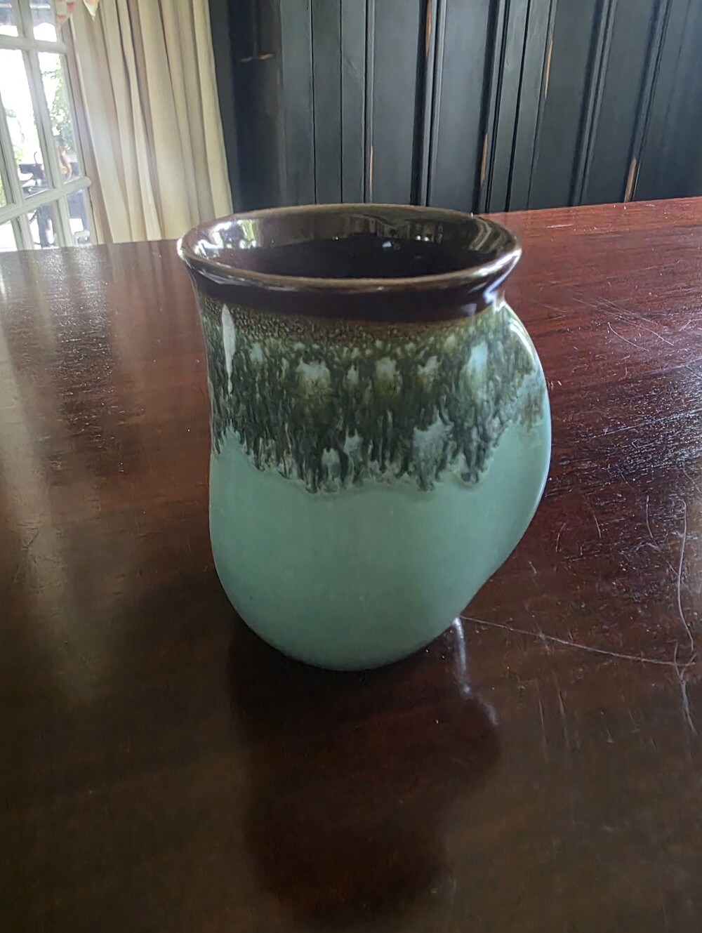 Handcrafted Turquoise Ceramic Mug with Crsfted-In Handle And Brown Drip Glaze